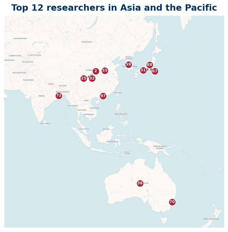 Map of Asia and the Pacific Top 100 researchers