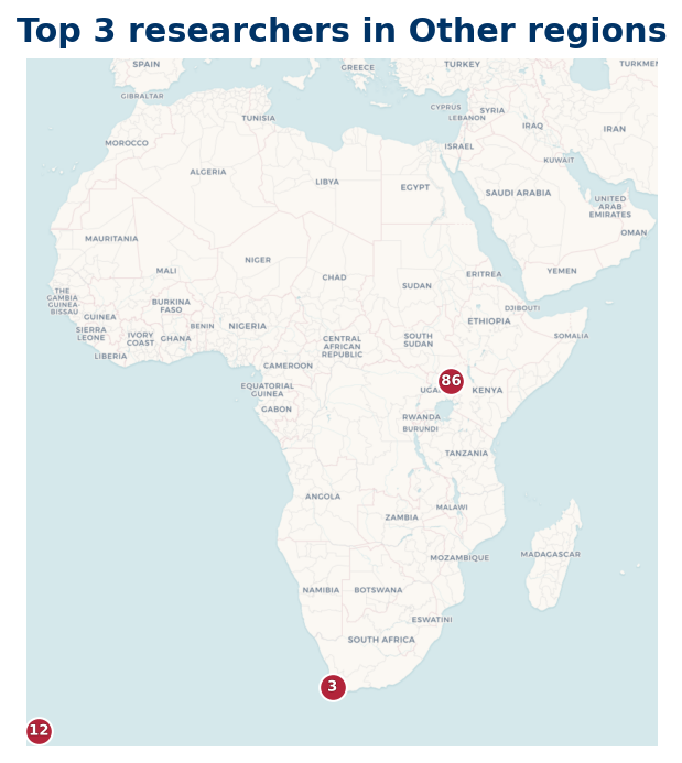 Map of Other regions Top 100 researchers